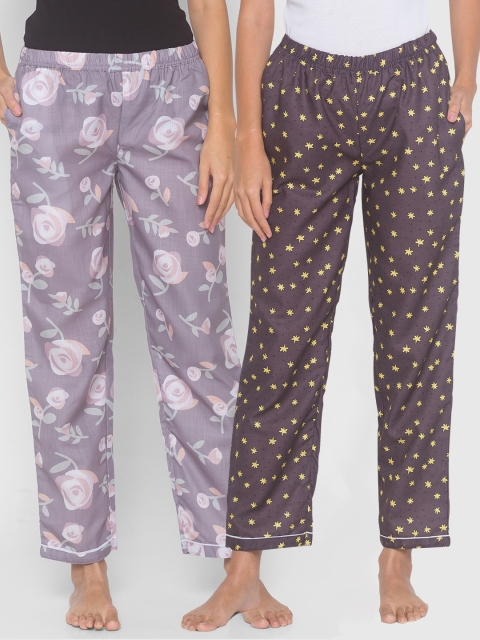 

FashionRack Women Pack Of 2 Purple & Brown Printed Cotton Lounge Pants