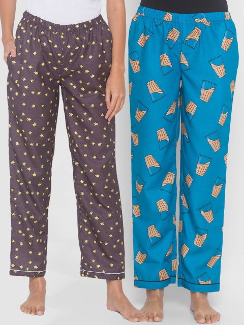 

FashionRack Women Brown & Blue Pack of 2 Printed Cotton Lounge Pants
