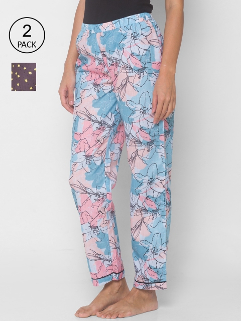 

FashionRack Women Pack Of 2 Printed Cotton Lounge Pants, Blue