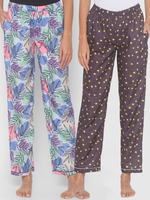 

FashionRack Women Pack Of 2 Blue & Brown Printed Cotton Lounge Pants