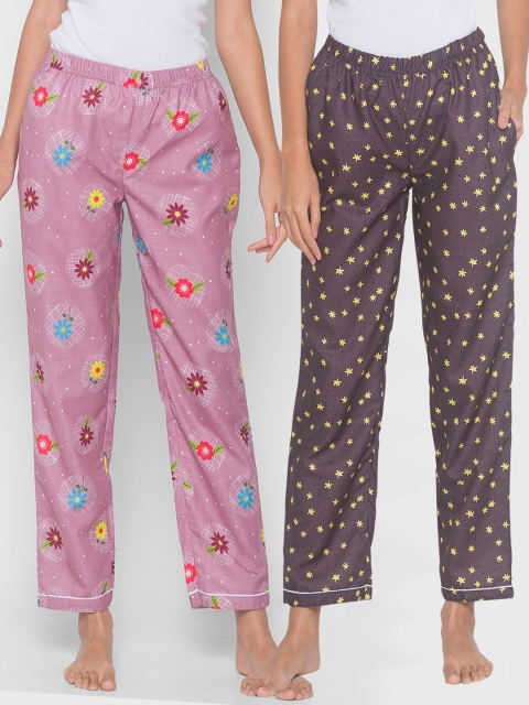 

FashionRack Women Pack Of 2 Purple & Brown Floral Printed Cotton Lounge Pants