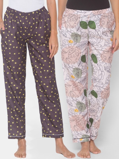 

FashionRack Women Pack Of 2 Beige & Brown Printed Cotton Lounge Pants