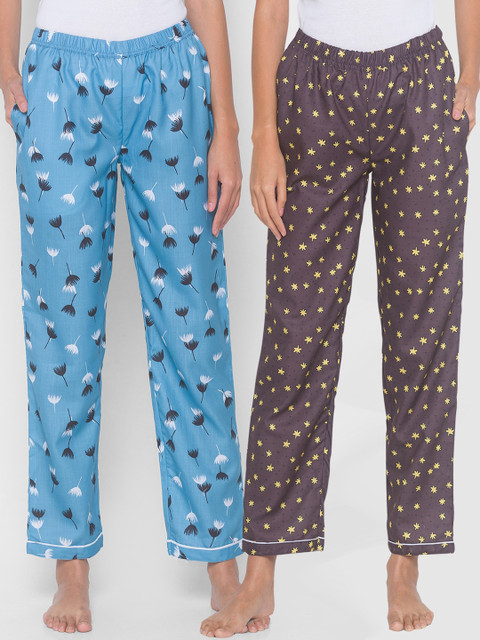 

FashionRack Women Brown & Blue Pack of 2 Printed Cotton Lounge Pants