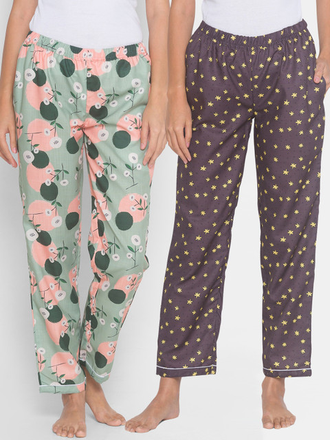 

FashionRack Women Pack Of 2 Green & Brown Floral Printed Cotton Lounge Pants