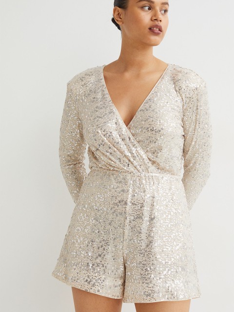 

H&M Woman Beige Sequined playsuit
