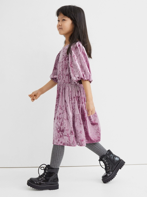 

H&M Girls Purple Puff-sleeved velour dress