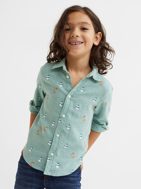 

H&M Women Green Patterned Cotton Shirt
