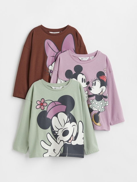 

H&M Girls Pack of 3 Minnie Mouse Printed Pure Cotton Jersey Tops, Green