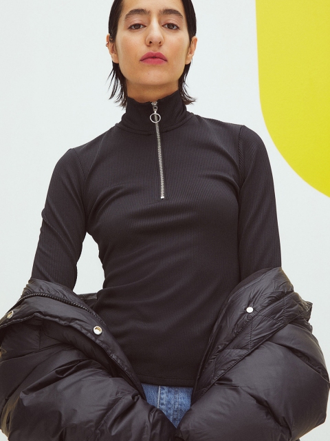 

H&M Women Black Solid Zip-Top Ribbed Top