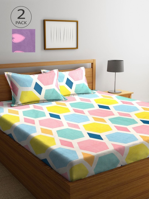 

KLOTTHE Blue & Purple Geometric 210 TC 2 King Bedsheet with 4 Pillow Covers