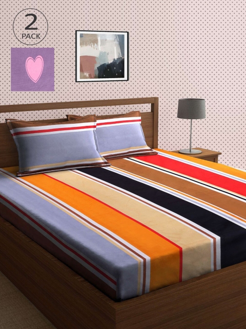 

KLOTTHE Set Of 2 Blue & Red Striped 210 TC King Bedsheets With 4 Pillow Covers