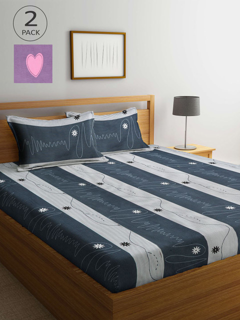 

KLOTTHE Pack of 2 Purple & Grey Striped 210 TC King Bedsheet with 4 Pillow Covers