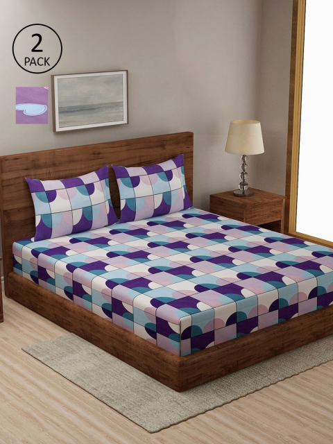 

KLOTTHE Blue & Purple Geometric 210 TC 2 King Bedsheet with 4 Pillow Covers