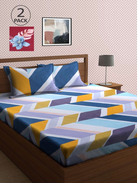 

KLOTTHE Set Of 2 Blue & Maroon Printed 210 TC King Bedsheets With 4 Pillow Covers