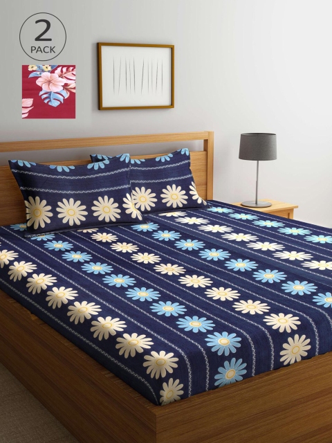 

KLOTTHE Navy Blue & Maroon Floral 210 TC 2 King Bedsheet with 4 Pillow Covers
