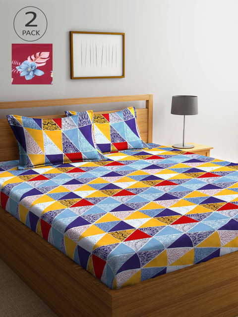 

KLOTTHE Maroon & Blue Geometric 210 TC 2 King Bedsheet with 4 Pillow Covers