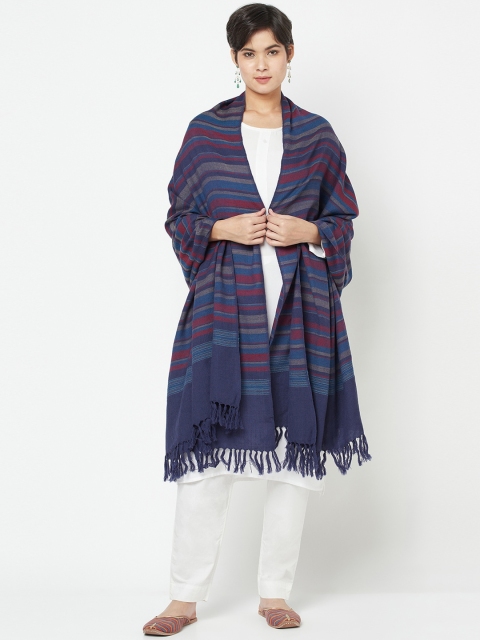 

Fabindia Women Blue & Red Woven Design Striped Pure Wool Shawl