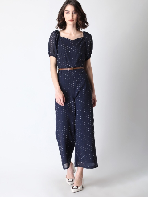 

FabAlley Blue & White Printed Basic Belted Jumpsuit