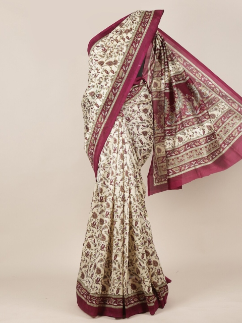 

Pothys Cream-Coloured & Maroon Floral Printed Saree