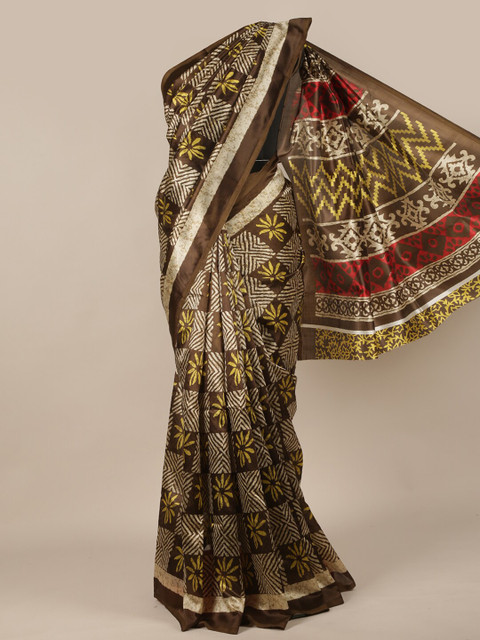 

Pothys Brown & White Ethnic Motifs Cotton Blend Saree
