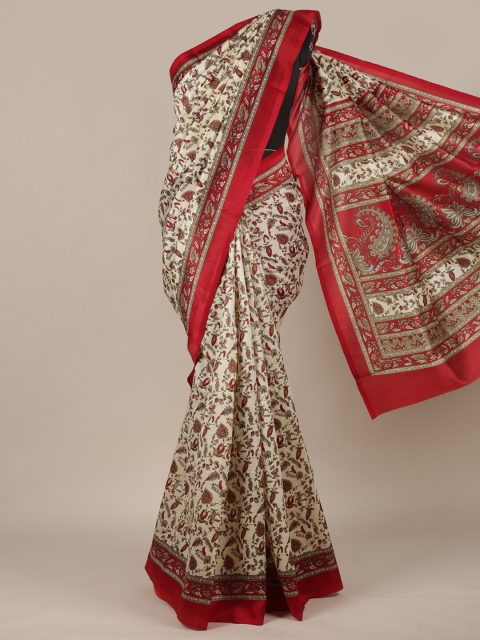 

Pothys Cream-Coloured & Maroon Cotton Blend Floral Saree