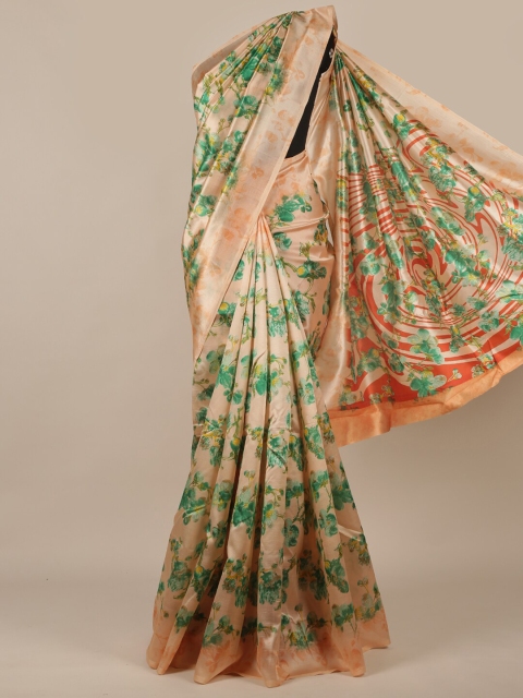 

Pothys Peach-Coloured & Green Cotton Blend Floral Saree