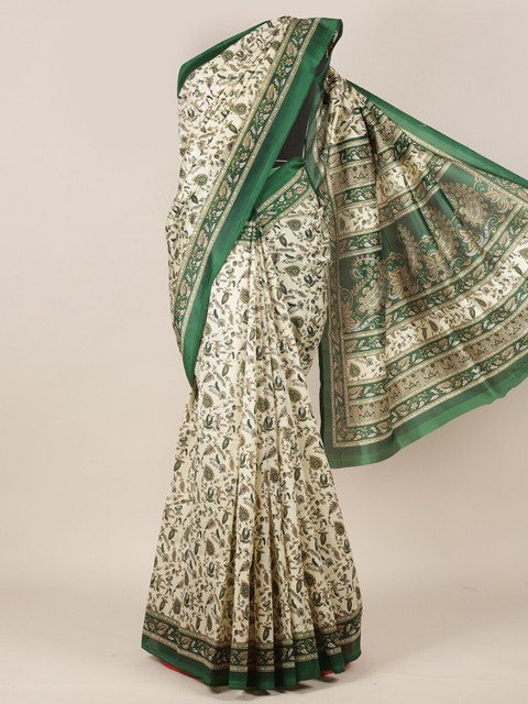

Pothys Cream-Coloured & Green Ethnic Motifs Printed Saree