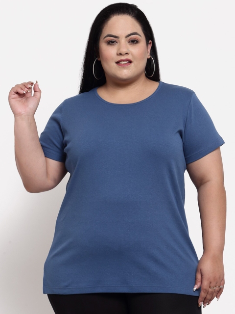 

plusS Women Blue Extended Sleeves Pockets T-shirt