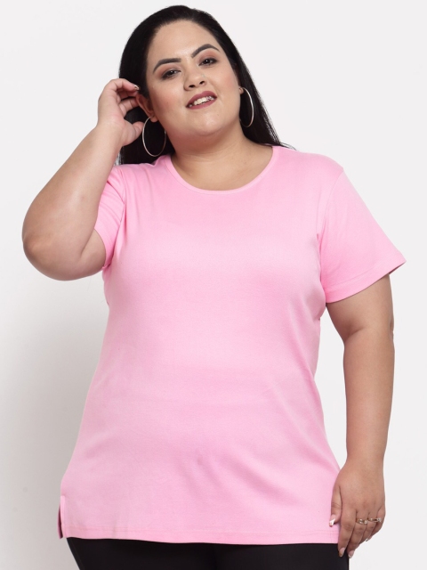 

plusS Women Plus Size Pink Cotton T-shirt