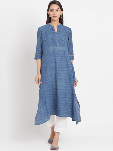 

Fabindia Women Blue & White Checked Thread Work Cotton Kurta