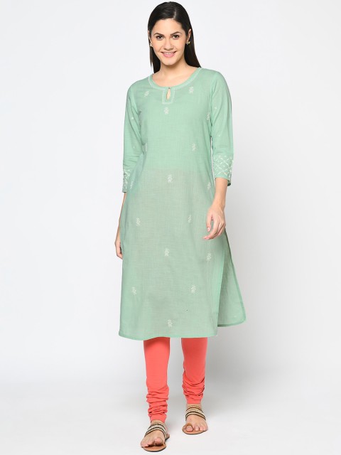 

Fabindia Women Green Ethnic Motifs Embroidered Keyhole Neck Kurta