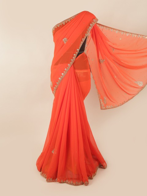 

Pothys Orange & Gold-Toned Embellished Beads and Stones Saree