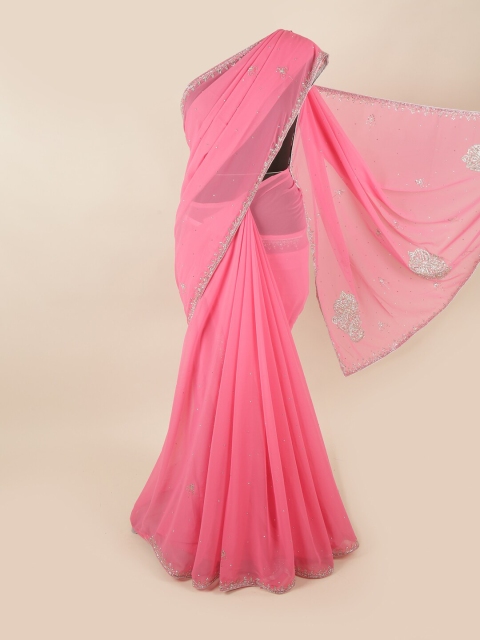 

Pothys Pink & Silver-Toned Embellished Beads and Stones Saree