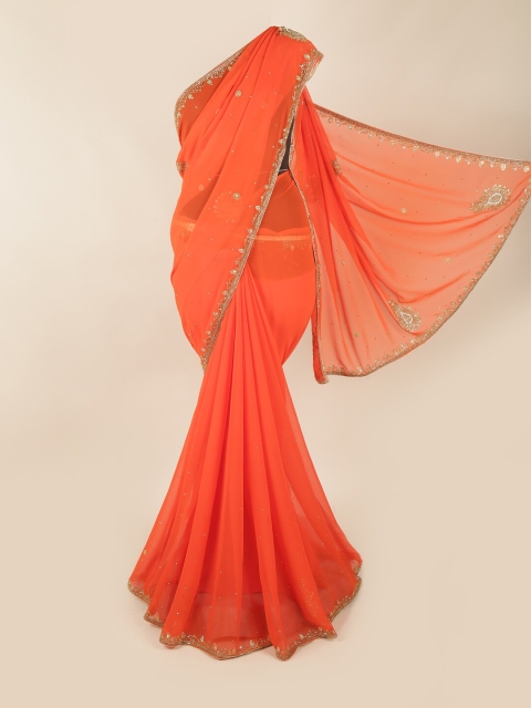 

Pothys Orange & Gold-Toned Floral Embellished Beads & Stones Saree