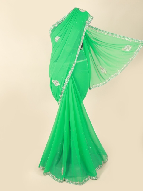 

Pothys Green & Silver-Toned Floral Embellished Beads & Stones Saree
