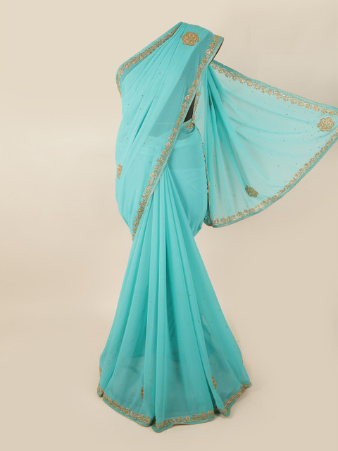 

Pothys Blue & Gold-Toned Embellished Georgette Saree