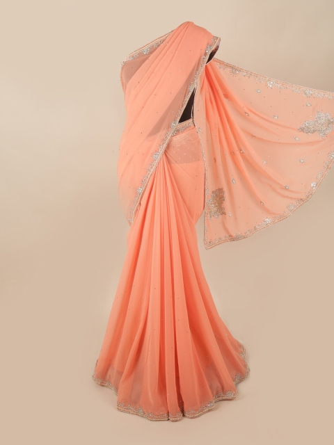 

Pothys Peach-Coloured & Gold Embellished Beads and Stones Saree