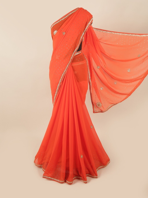 

Pothys Orange & Silver-Toned Embellished Georgette Saree
