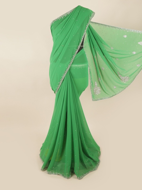 

Pothys Green & Silver-Toned Embellished Beads and Stones Saree
