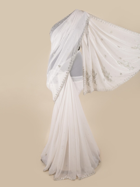 

Pothys White & Silver-Toned Embellished Beads and Stones Saree