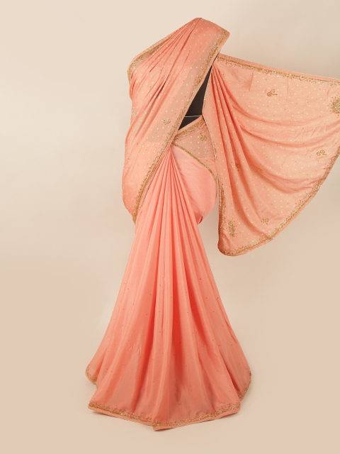 

Pothys Peach-Coloured & Gold-Toned Floral Embellished Saree