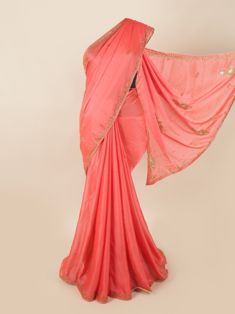 

Pothys Pink & Gold-Toned Embellished Beads and Stones Saree