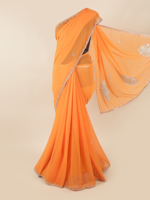 

Pothys Orange & Silver-Toned Embellished Saree