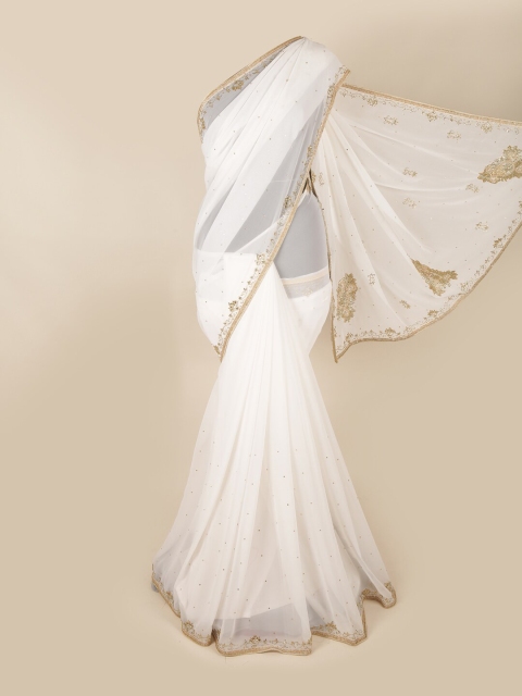 

Pothys White & Gold-Toned Embellished Beads and Stones Saree