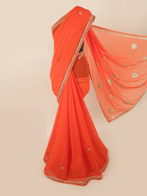

Pothys Orange & Gold Embellished Poly Georgette Saree