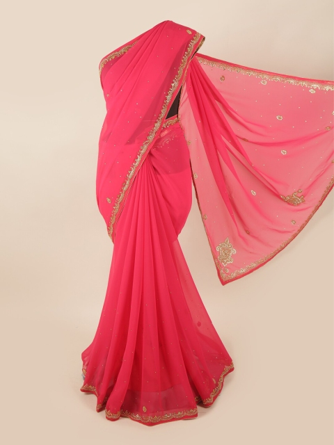 

Pothys Pink & Gold-Toned Embellished Beads and Stones Saree