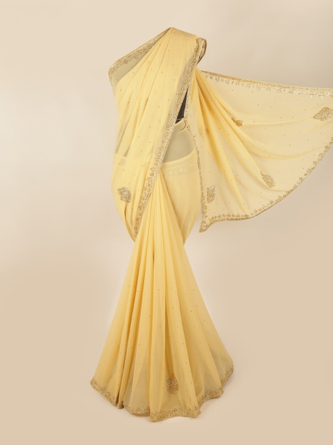 

Pothys Cream-Coloured & Gold-Toned Embellished Beads and Stones Heavy Work Saree