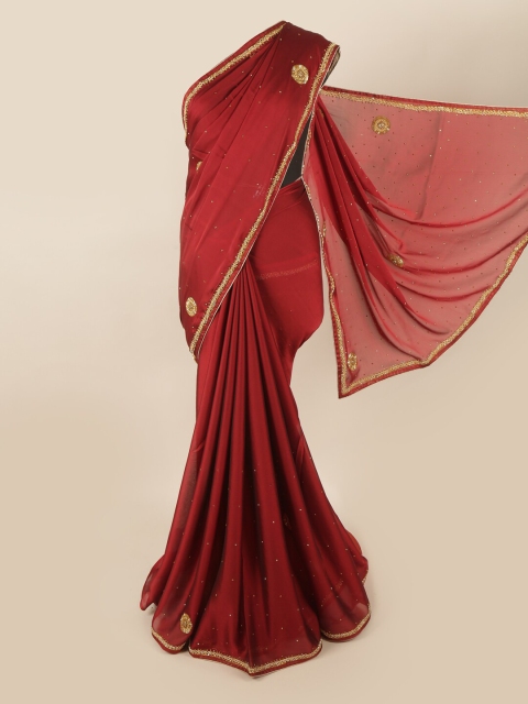 

Pothys Maroon & Gold-Toned Embellished Beads and Stones Saree