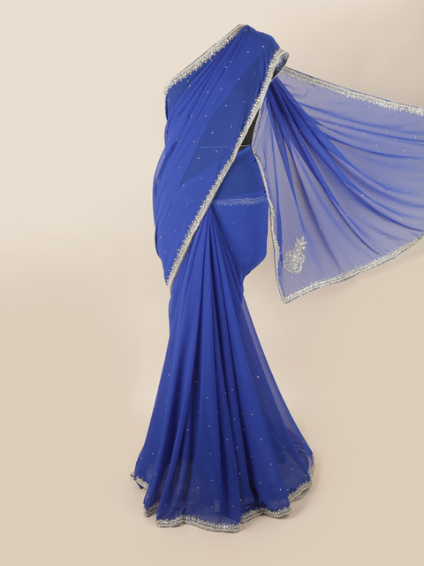 

Pothys Blue & Silver-Toned Embellished Beads and Stones Saree