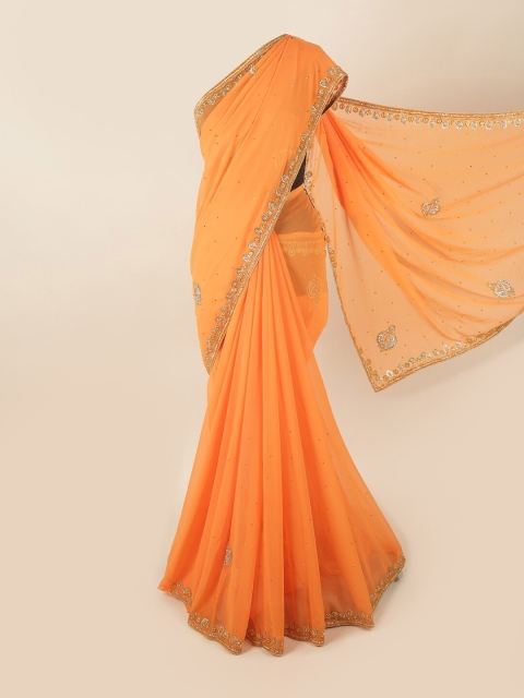 

Pothys Orange & Gold-Toned Embellished Beads and Stones Saree